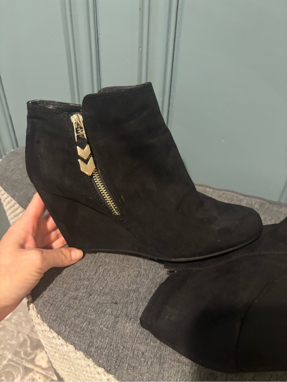 BCBGirls Black Suede Wedge Ankle Boot with Gold Chevron Zip
